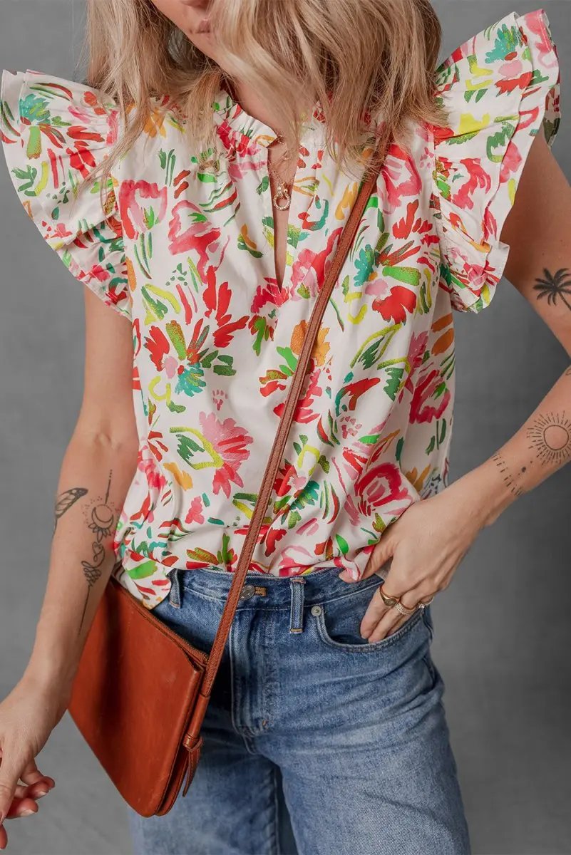 Multicolour Allover Floral Printed Flutter Sleeve Blouse - Love Salve